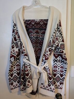 Blue Motion Aztec Southwestern Knit Cardigan Sweater Belted Fair Isle Shawl
